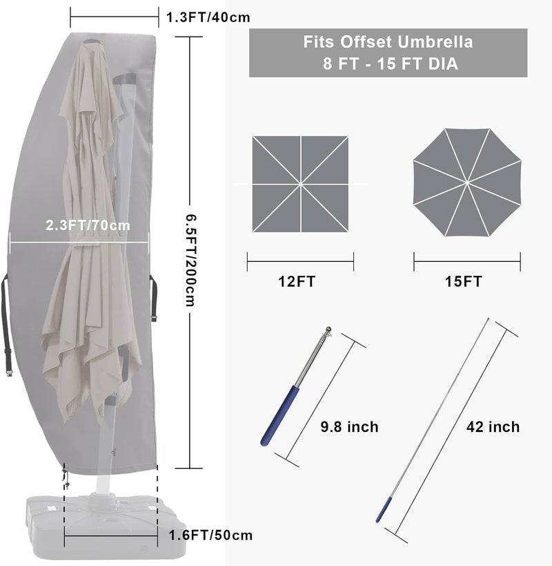 COOSHADE 600D Patio Umbrella Parasol Cover Waterproof Outdoor Anti-UV Protective Cover with Zipper Fits Cantilever Offset Umbrella 7.5-15 Feet, Grey - Image 3
